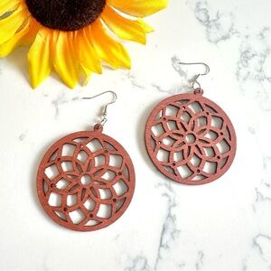 2/$30🌵 Brown Laser Cut Circle Geo Lightweight Wood Dangle Earrings Boho NEW